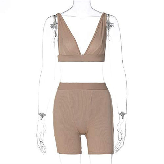 Women 2 Piece Workout Outfits Ribbed Deep V Neck Sleeveless Crop Top High Waist Bodycon Shorts Sets Active Wear Tracksuits