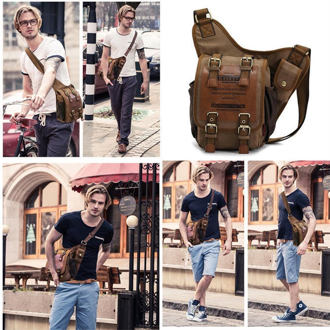 Mens Vintage Canvas Shoulder Messenger Bag Chest Leather Patchwork Messenger Bag